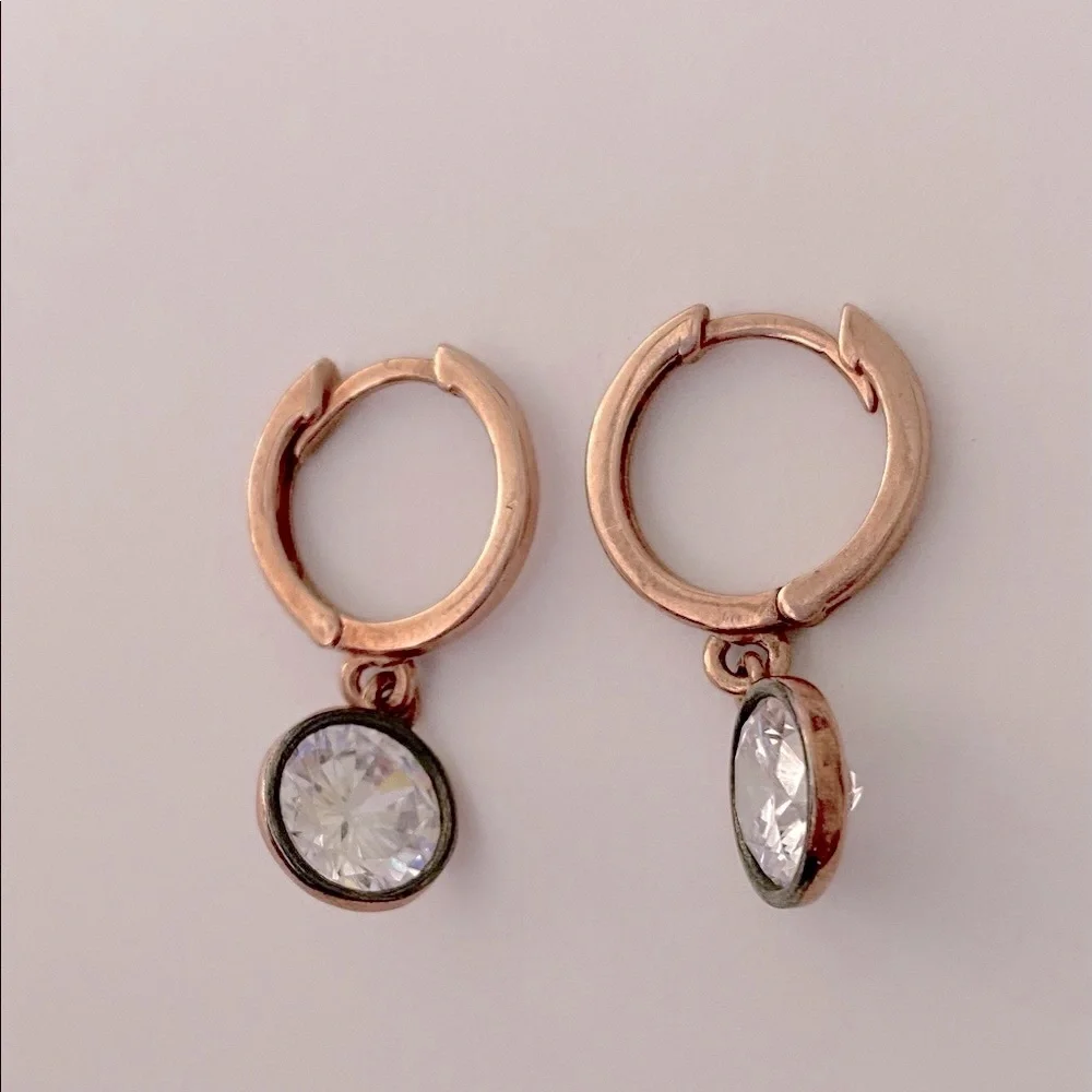 925 Silver round cz stone hoops earrings 14k rose gold plated